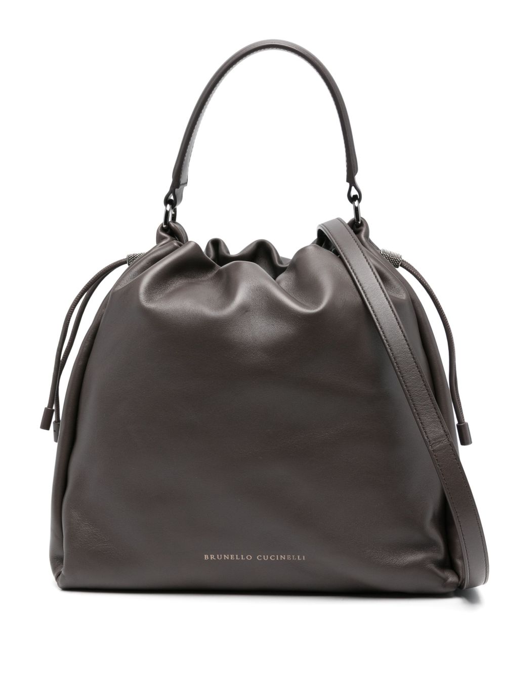 Brunello Cucinelli Mellow Small Leather Bucket Bag with Monili Chain Detail Brown