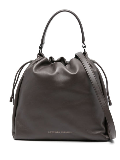 Brunello Cucinelli Mellow Small Leather Bucket Bag with Monili Chain Detail Brown