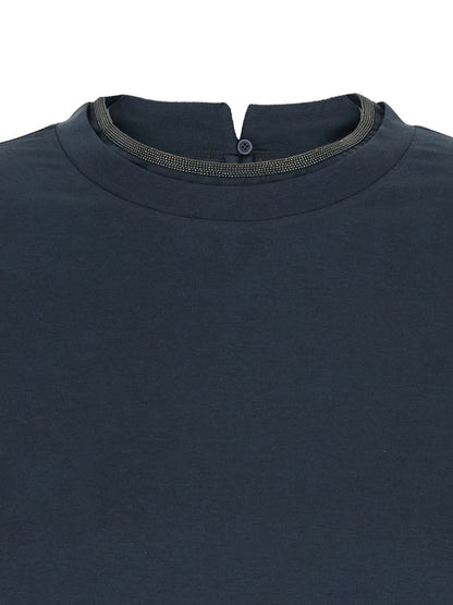 Brunello Cucinelli Navy Cotton Monile Crewneck T-Shirt Blue