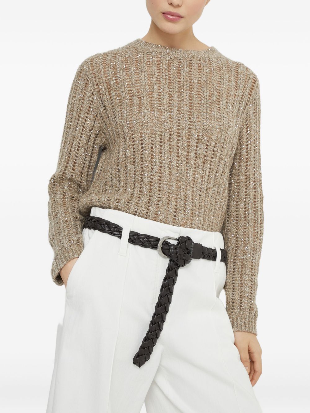 Brunello Cucinelli Light Beige Wool-Blend Crewneck Sweater Beige