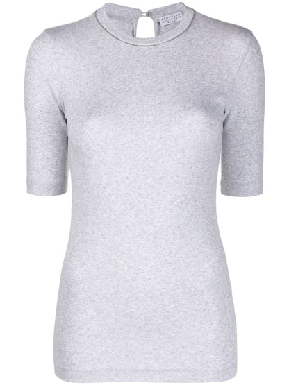 Brunello Cucinelli Fine Ribbed Chain-Link Cotton T-Shirt Grey