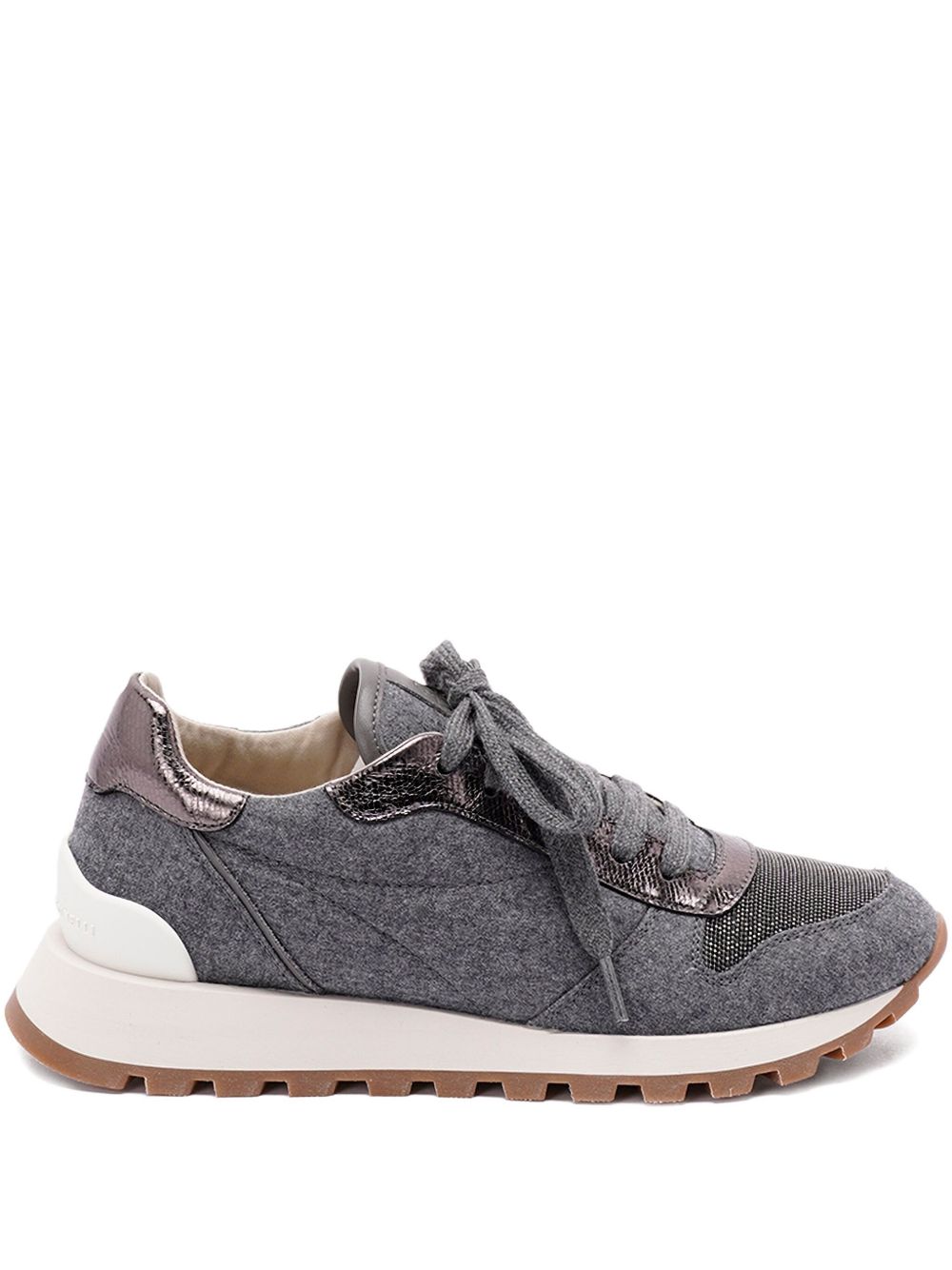 Brunello Cucinelli Virgin Wool Flannel Sneakers with Lamé Calfskin Grey
