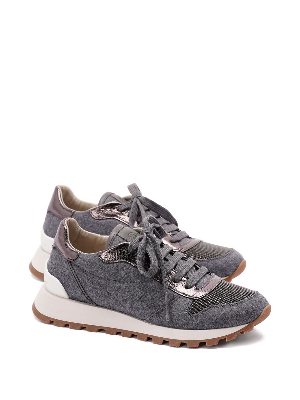 Brunello Cucinelli Virgin Wool Flannel Sneakers with Lamé Calfskin Grey