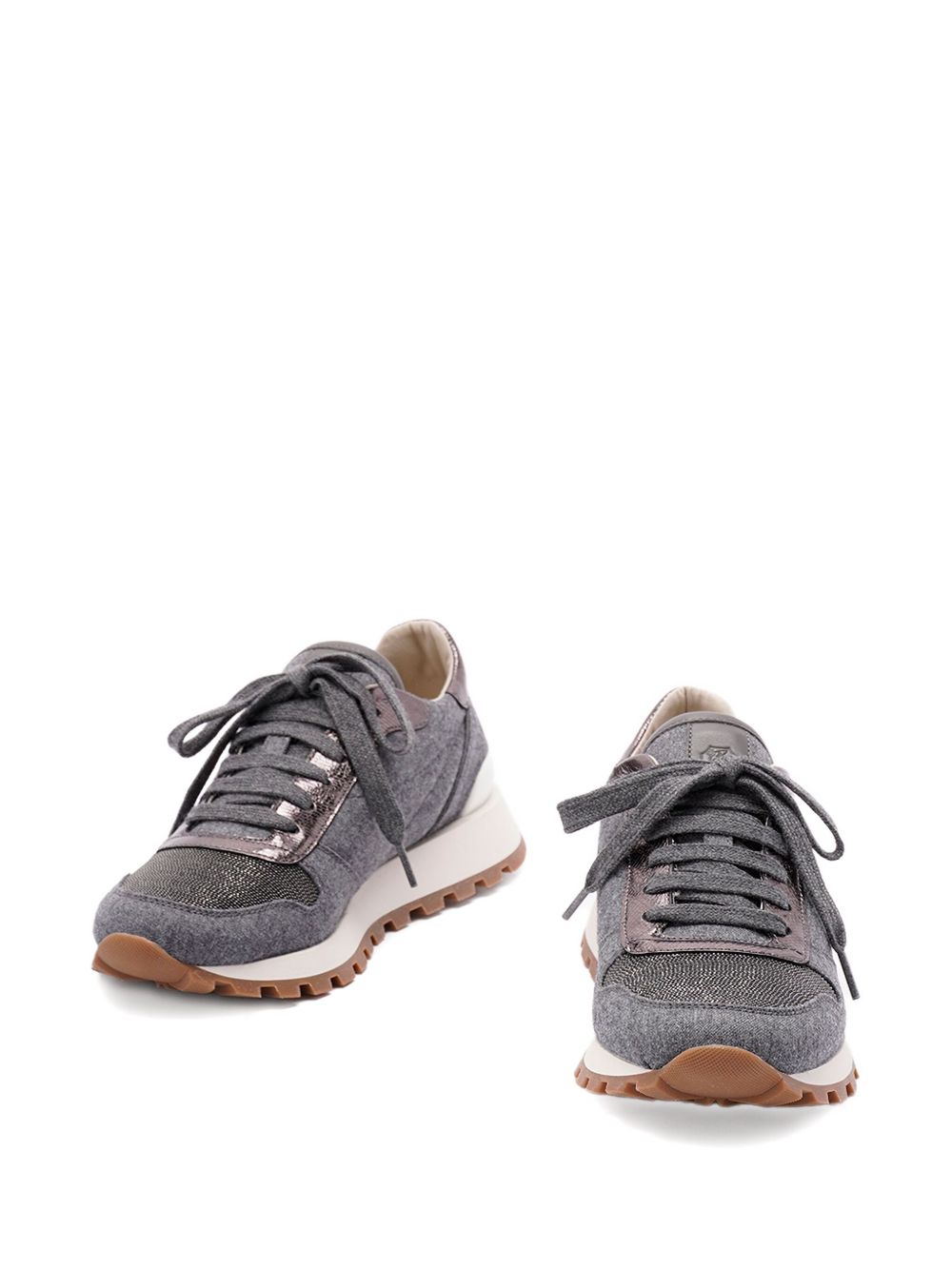 Brunello Cucinelli Virgin Wool Flannel Sneakers with Lamé Calfskin Grey