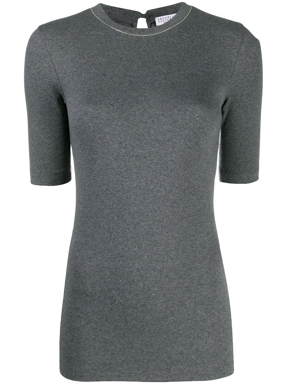 Brunello Cucinelli Fine Ribbed Metallic Embellished Cotton T-Shirt Grey
