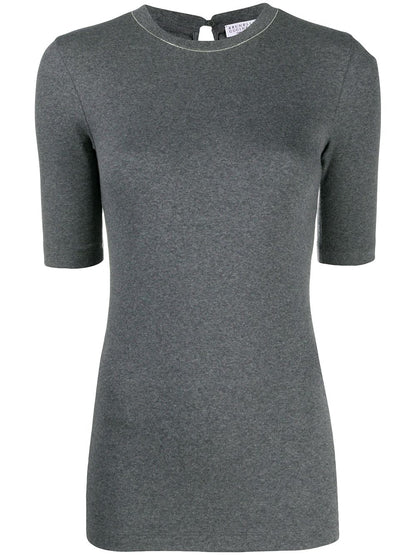 Brunello Cucinelli Fine Ribbed Metallic Embellished Cotton T-Shirt Grey