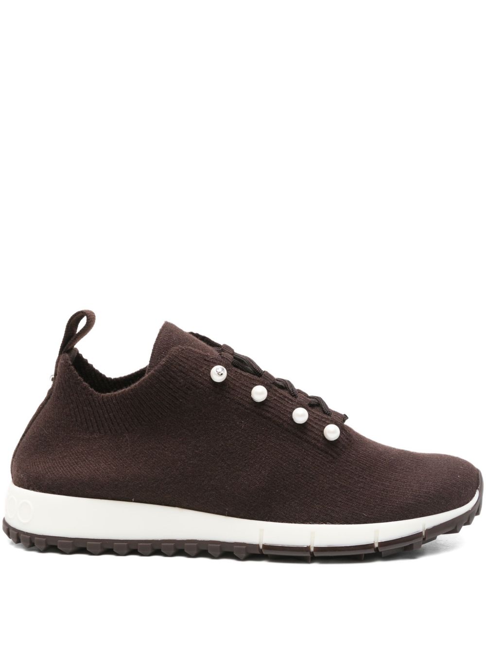 Jimmy Choo Veles Cashmere Melange Knit Pearl-Embellished Sneakers Brown