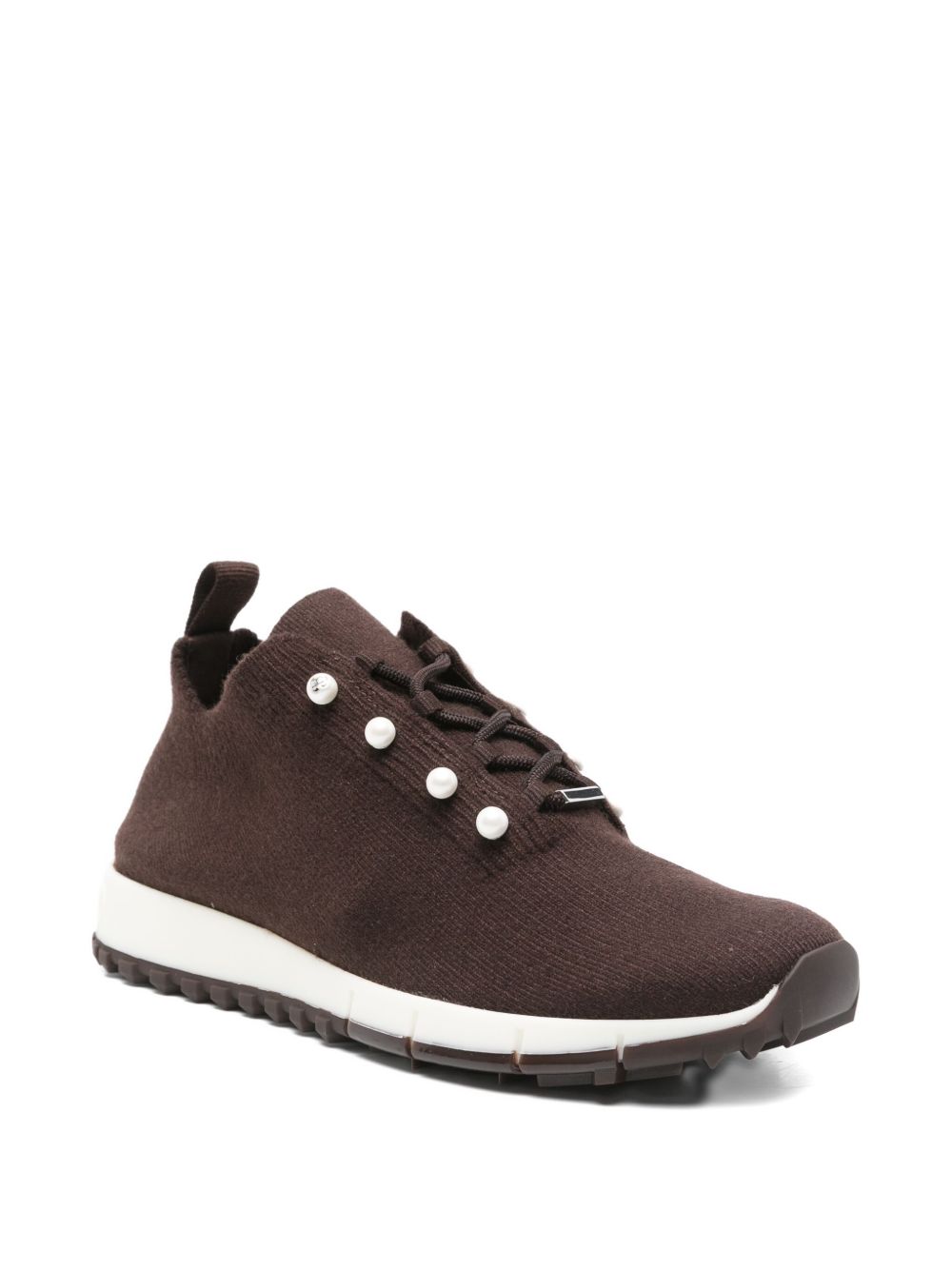 Jimmy Choo Veles Cashmere Melange Knit Pearl-Embellished Sneakers Brown