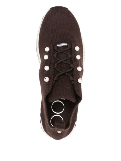 Jimmy Choo Veles Cashmere Melange Knit Pearl-Embellished Sneakers Brown