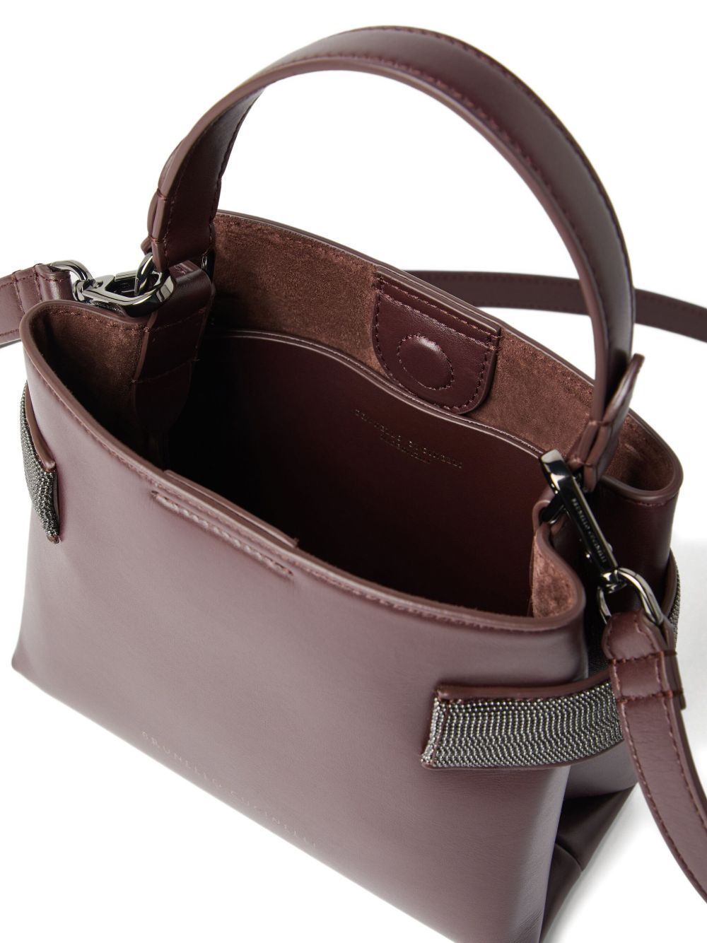 Brunello Cucinelli Essence Small Calfskin Top-Handle Bag with Embellished Bands Bordeaux