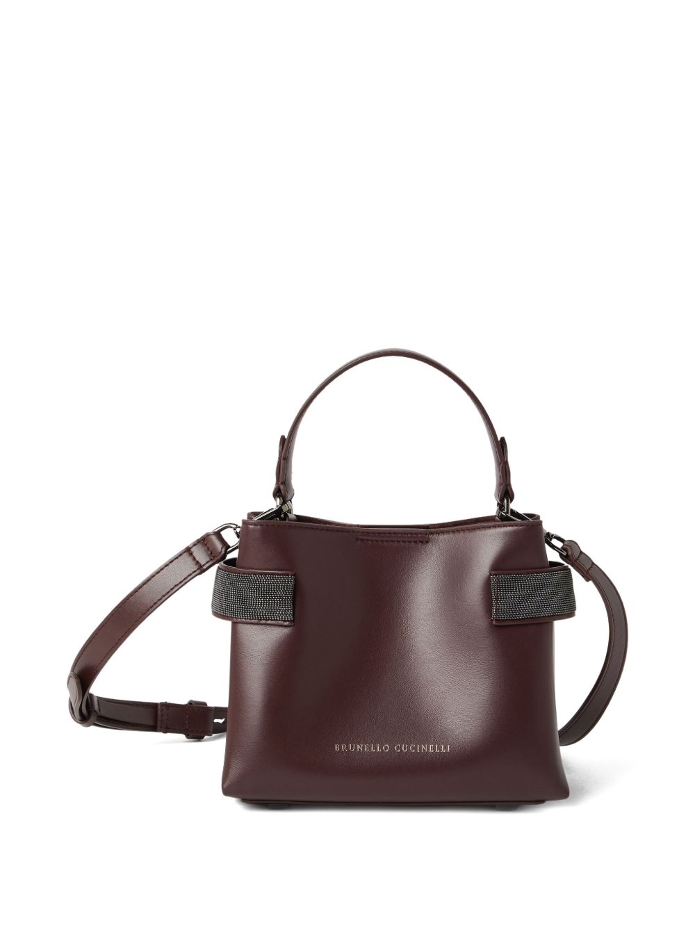 Brunello Cucinelli Essence Small Calfskin Top-Handle Bag with Embellished Bands Bordeaux