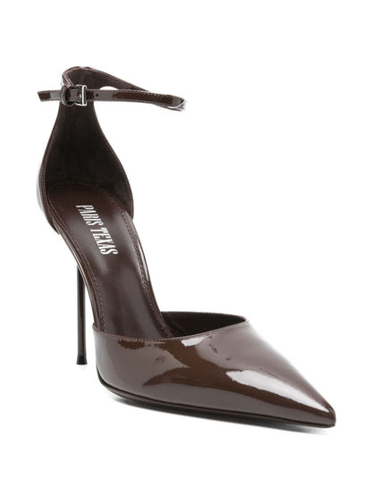 Paris Texas Lidia Dark Brown Patent Leather Stiletto Pumps with Ankle Strap dark brown