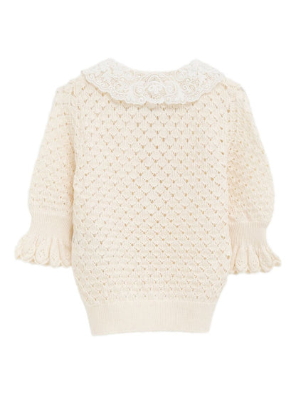 Chloè Open-Knit Wool and Silk-Blend Sweater with Lace Collar White
