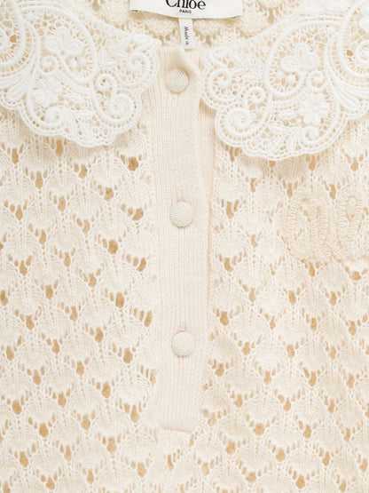 Chloè Open-Knit Wool and Silk-Blend Sweater with Lace Collar White
