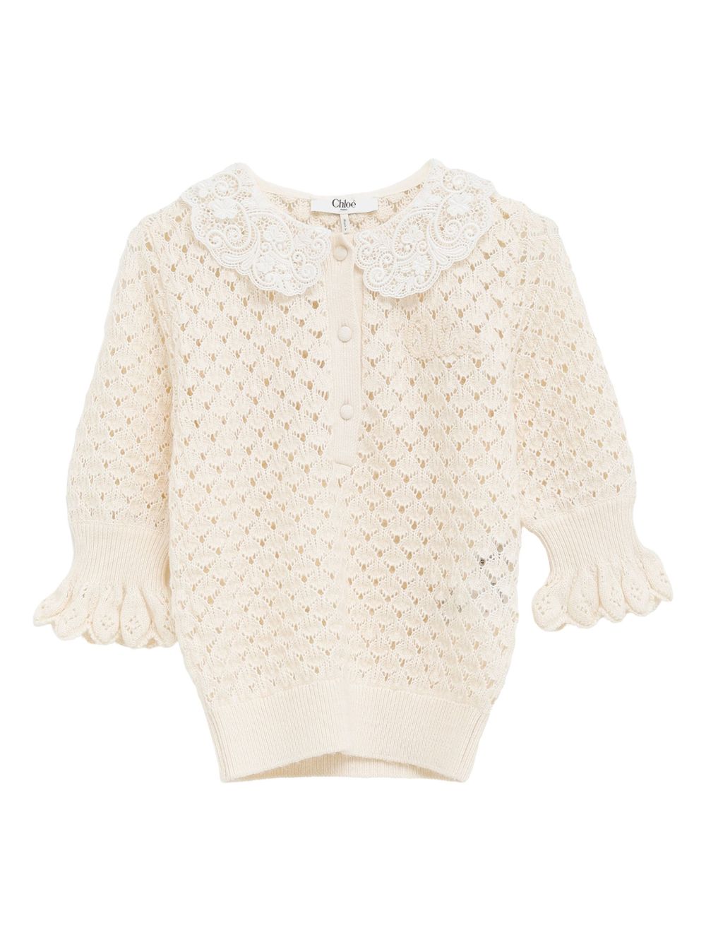 Chloè Open-Knit Wool and Silk-Blend Sweater with Lace Collar White