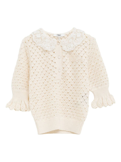 Chloè Open-Knit Wool and Silk-Blend Sweater with Lace Collar White