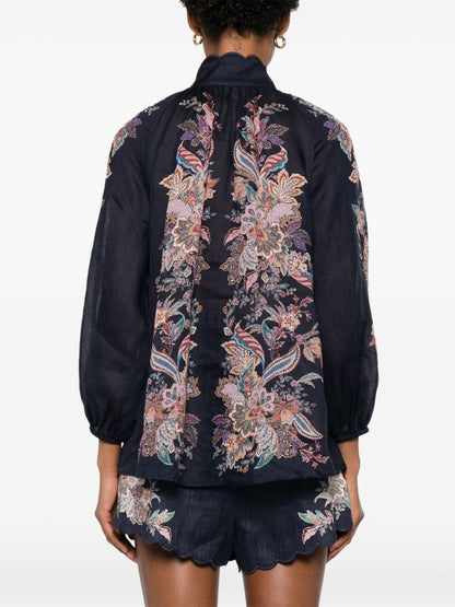 Zimmermann Rhiannon Billow Paisley-Print Ramie Blouse Blue