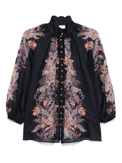 Zimmermann Rhiannon Billow Paisley-Print Ramie Blouse Blue