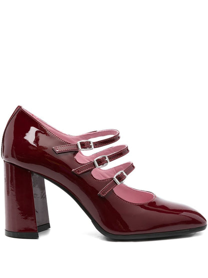 Carel Paris Patent Leather Triple-Buckle Block Heel Pumps Bordeaux