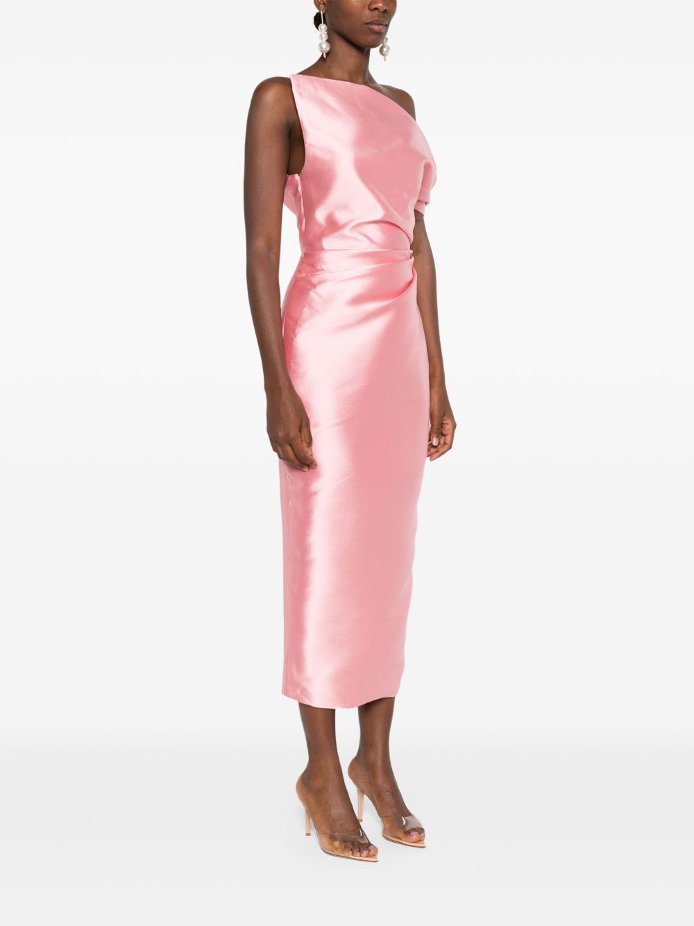 Solace London Ellison One-Shoulder Ruched Midi Dress Pink