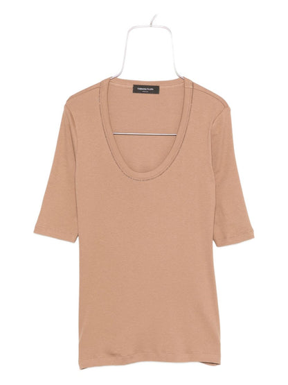Fabiana Filippi Embellished Cotton-Blend Short Sleeve Top Camel camel