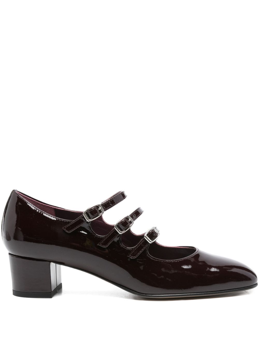 Carel Paris Patent Leather Triple Buckle Block-Heel Mary Jane Pumps Brown