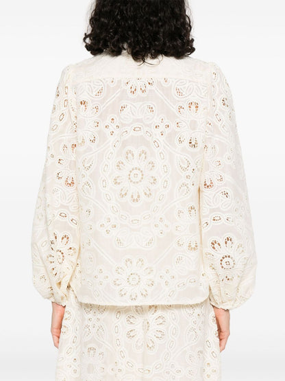 Zimmermann Rhiannon Embroidered Floral Cut-Out Ivory Blouse Ivory