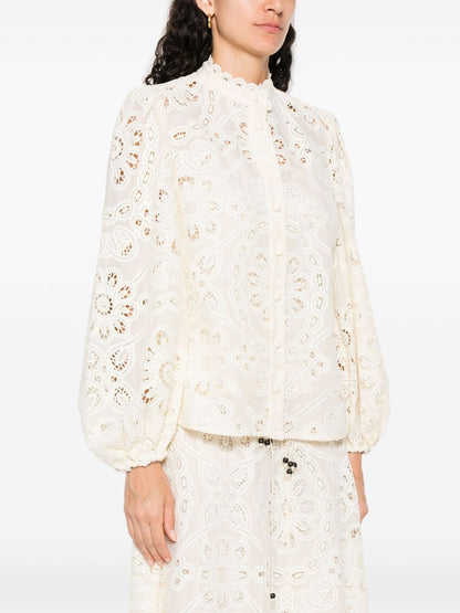 Zimmermann Rhiannon Embroidered Floral Cut-Out Ivory Blouse Ivory