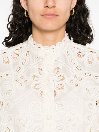 Zimmermann Rhiannon Embroidered Floral Cut-Out Ivory Blouse Ivory