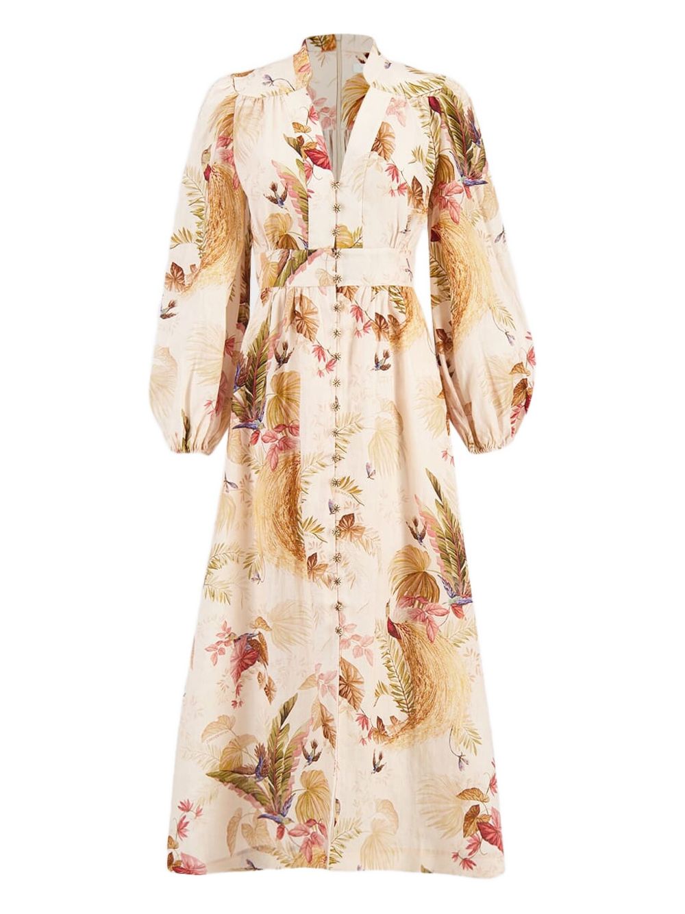 Zimmermann Ascension Printed Linen V-Neck Balloon Sleeve Dress Beige