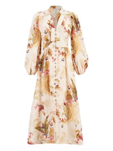 Zimmermann Ascension Printed Linen V-Neck Balloon Sleeve Dress Beige