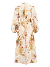 Zimmermann Ascension Printed Linen V-Neck Balloon Sleeve Dress Beige