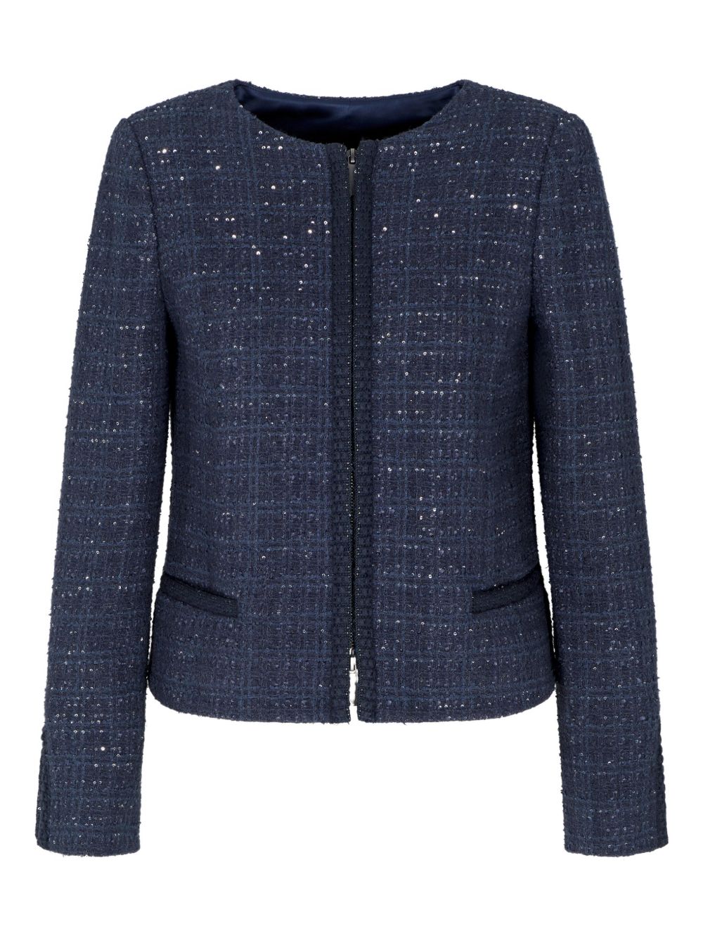Emporio Armani Navy Blue Sequin Tweed Wool-Blend Blazer with Zip Fastening Blue