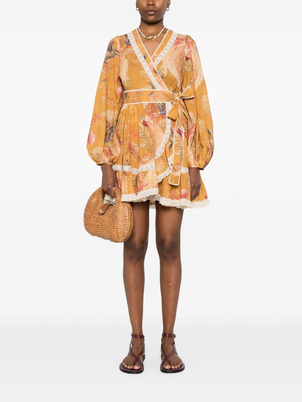 Zimmermann Ascension Ochre Cotton Mini Dress with Lace Detail Ochre