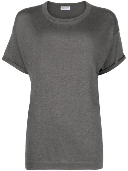 Brunello Cucinelli Cashmere-Blend Metallic-Thread T-Shirt Grey