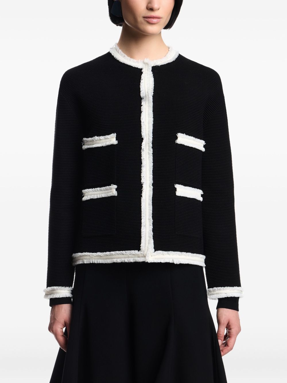 Emporio Armani Wool-Blend Fringed Crewneck Blazer Black