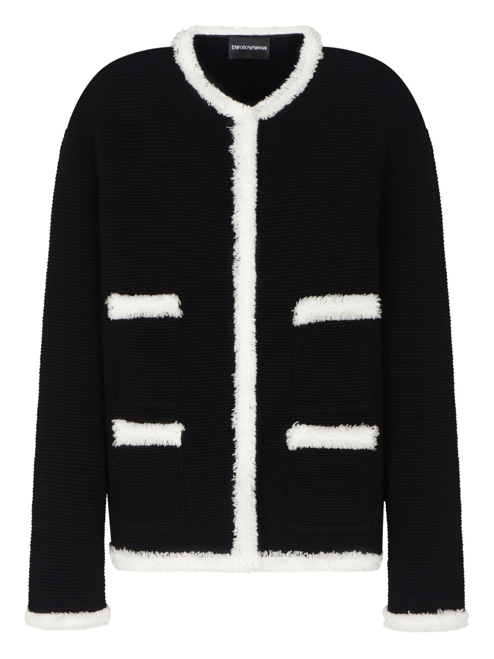 Emporio Armani Wool-Blend Fringed Crewneck Blazer Black