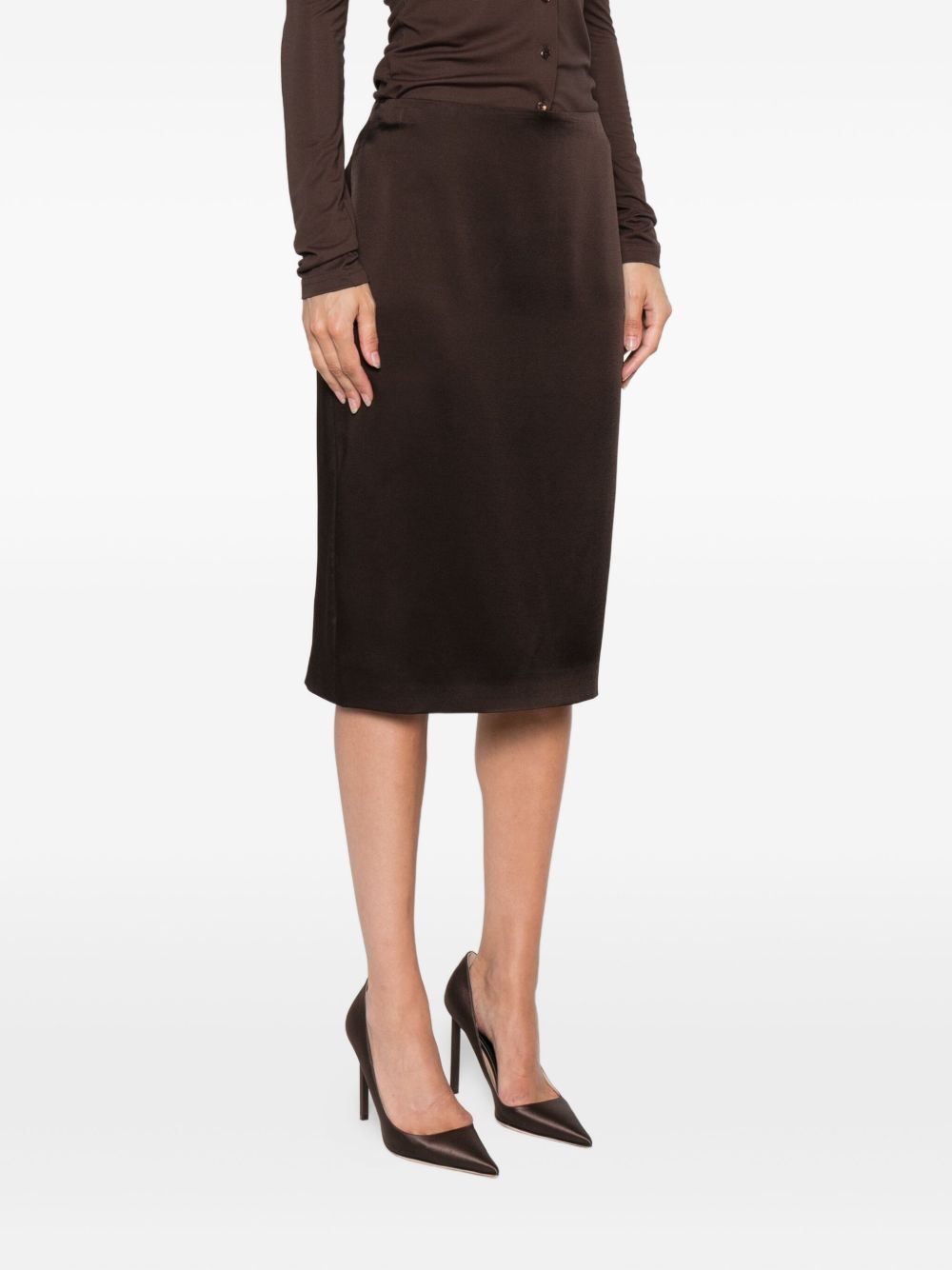 Tom Ford Pencil Satin Midi Skirt in Dark Brown