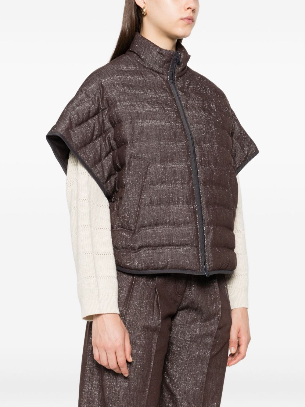 Brunello Cucinelli Quilted Down Zip-Front Short-Sleeve Jacket Brown