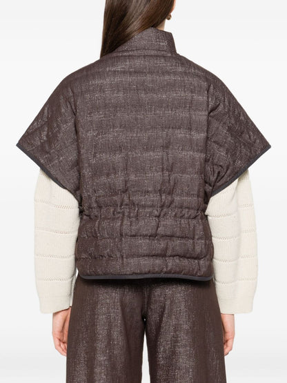 Brunello Cucinelli Quilted Down Zip-Front Short-Sleeve Jacket Brown