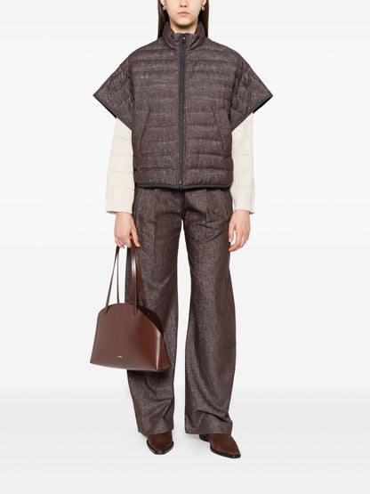 Brunello Cucinelli Quilted Down Zip-Front Short-Sleeve Jacket Brown