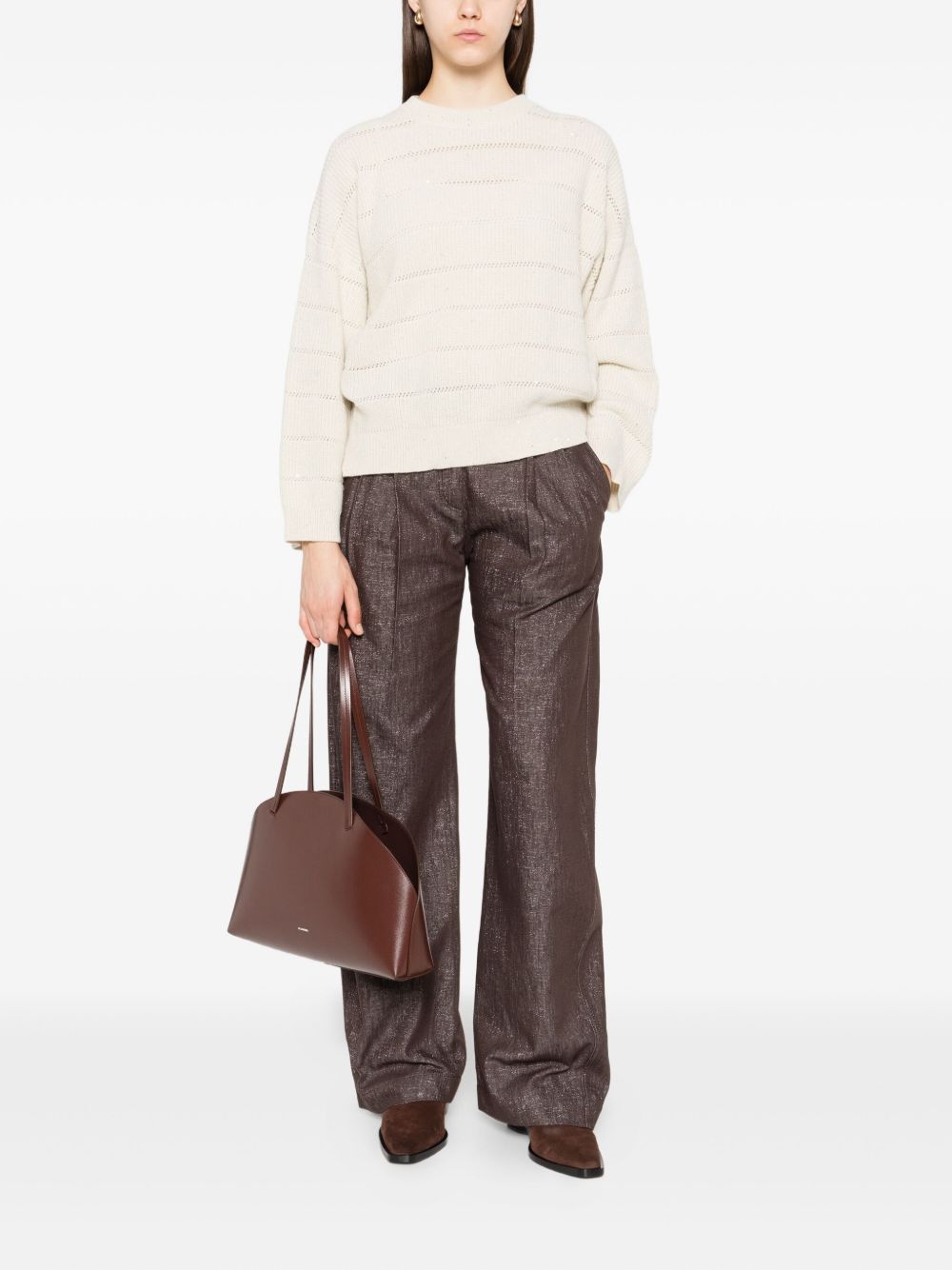 Brunello Cucinelli Open-Knit Striped Cashmere and Wool Sweater Beige
