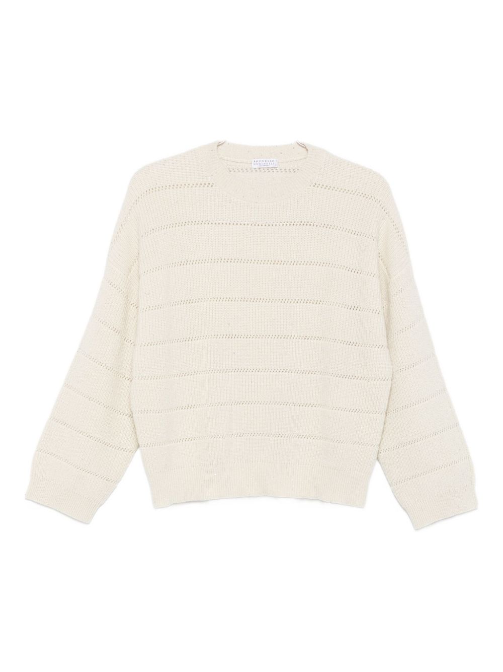Brunello Cucinelli Open-Knit Striped Cashmere and Wool Sweater Beige