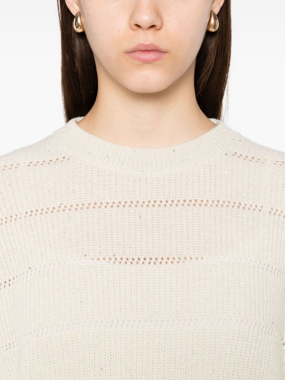Brunello Cucinelli Open-Knit Striped Cashmere and Wool Sweater Beige