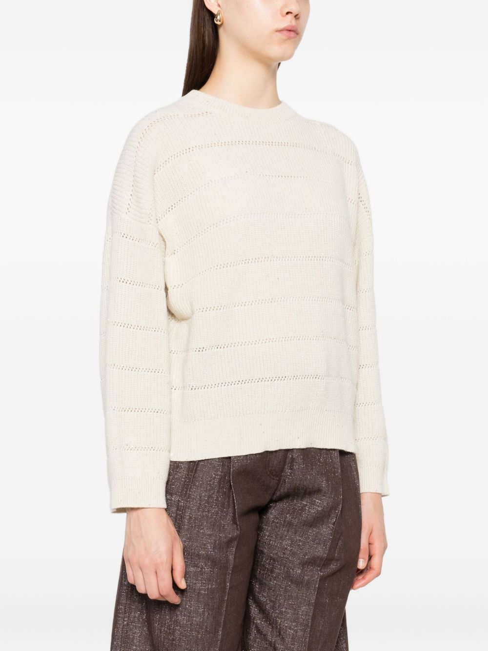 Brunello Cucinelli Open-Knit Striped Cashmere and Wool Sweater Beige