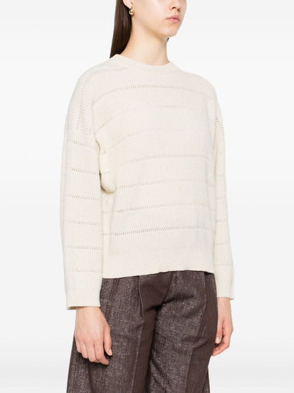 Brunello Cucinelli Open-Knit Striped Cashmere and Wool Sweater Beige