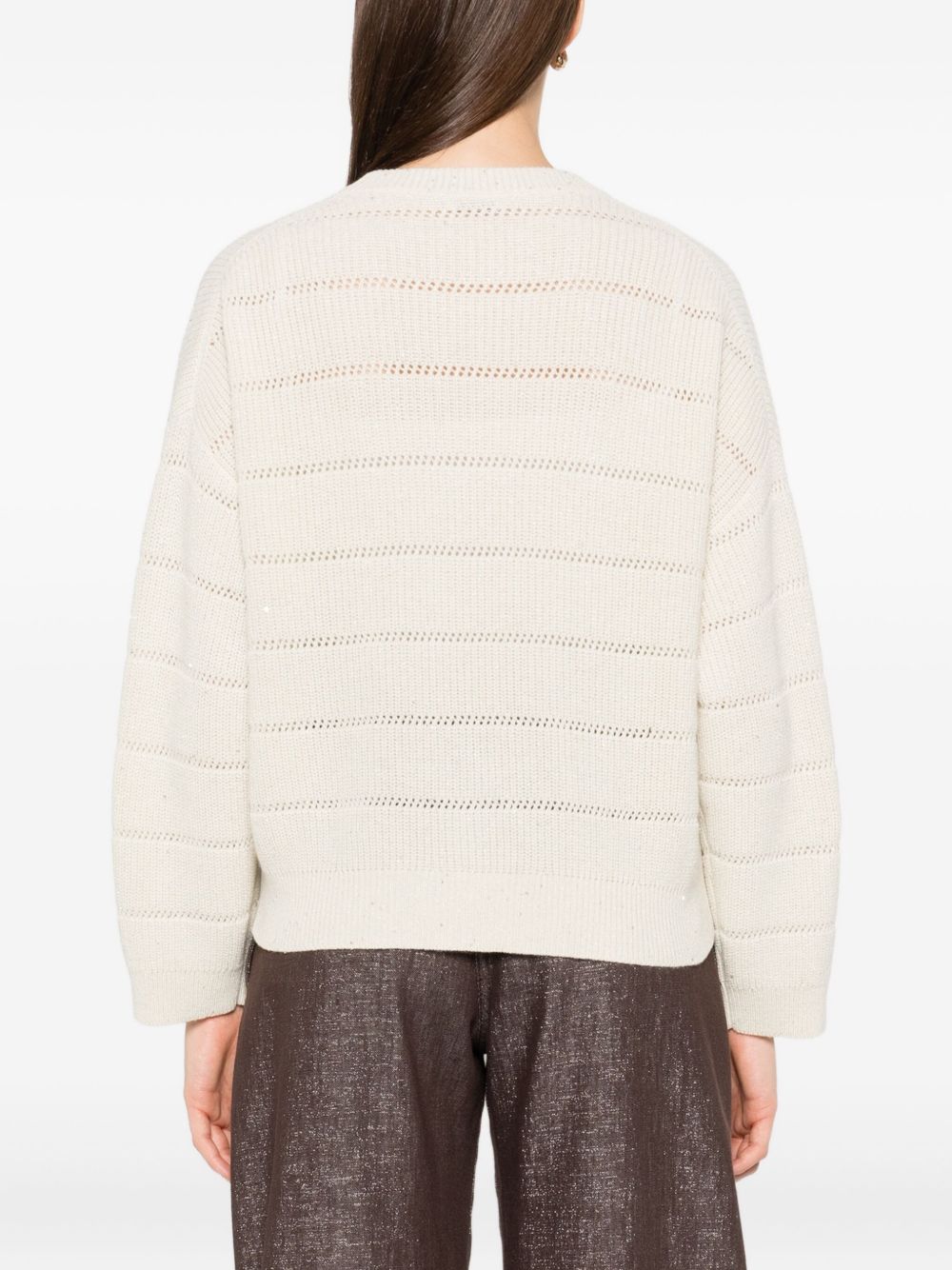 Brunello Cucinelli Open-Knit Striped Cashmere and Wool Sweater Beige