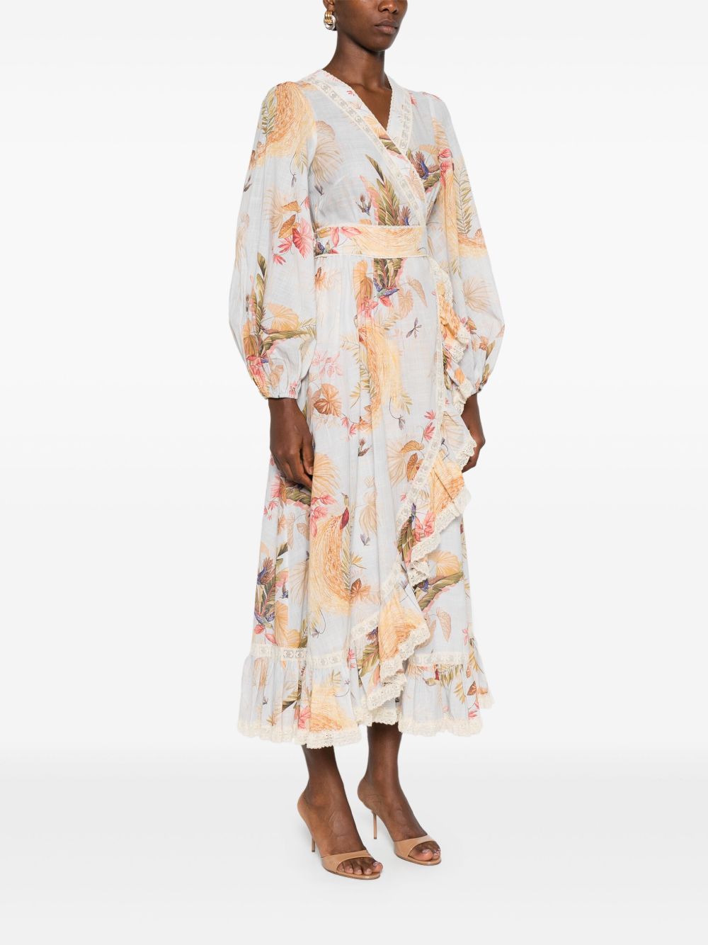 Zimmermann Ascension Floral-Print Lace-Trim Wrap Midi Dress Clear Blue