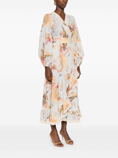 Zimmermann Ascension Floral-Print Lace-Trim Wrap Midi Dress Clear Blue
