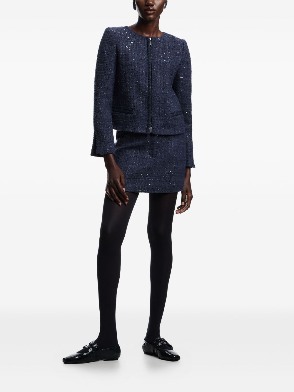 Emporio Armani Dark Blue Tweed Wool-Blend Mini Skirt with Sequin Embellishment Blue